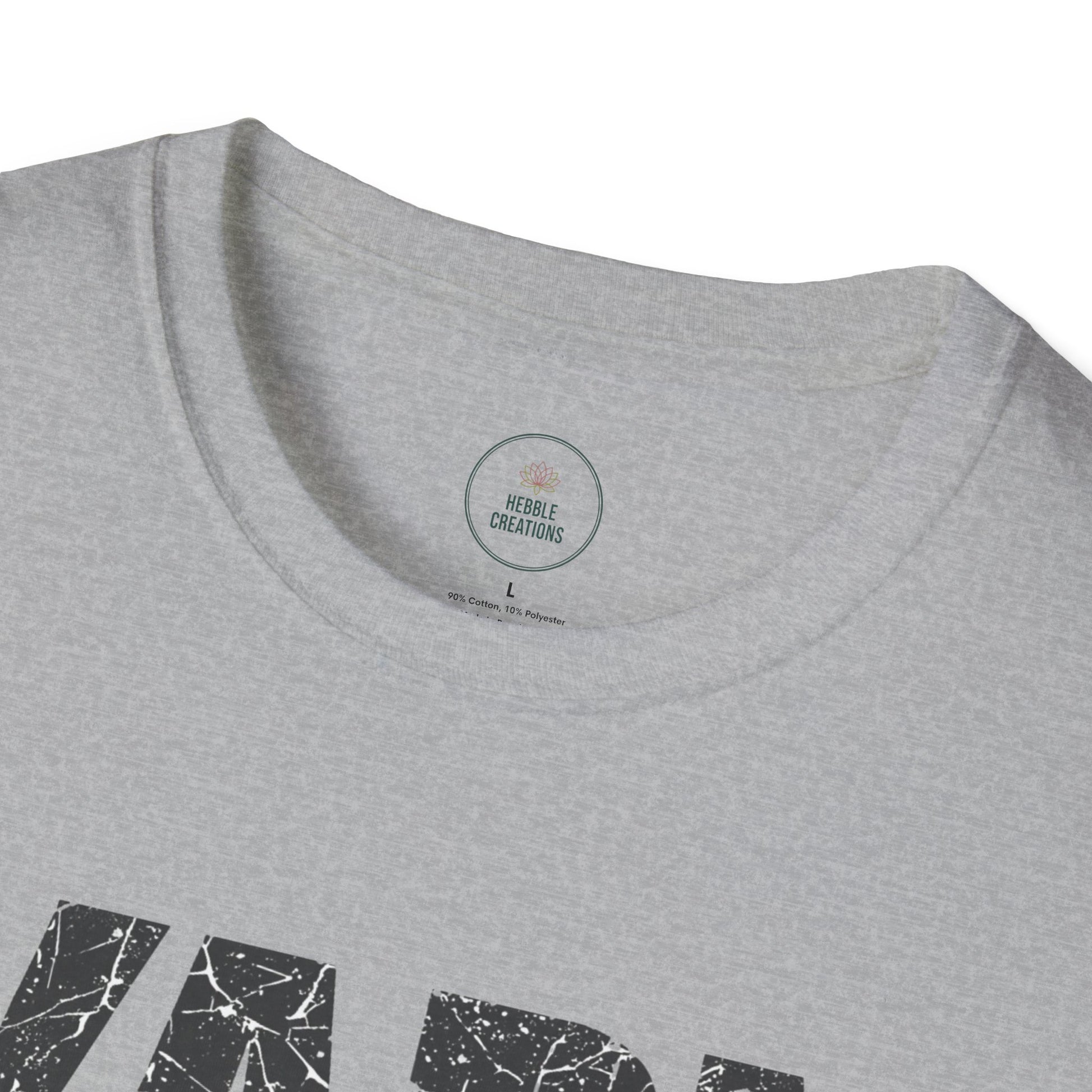 Gray t-shirt with black text and a visible brand label on a white background