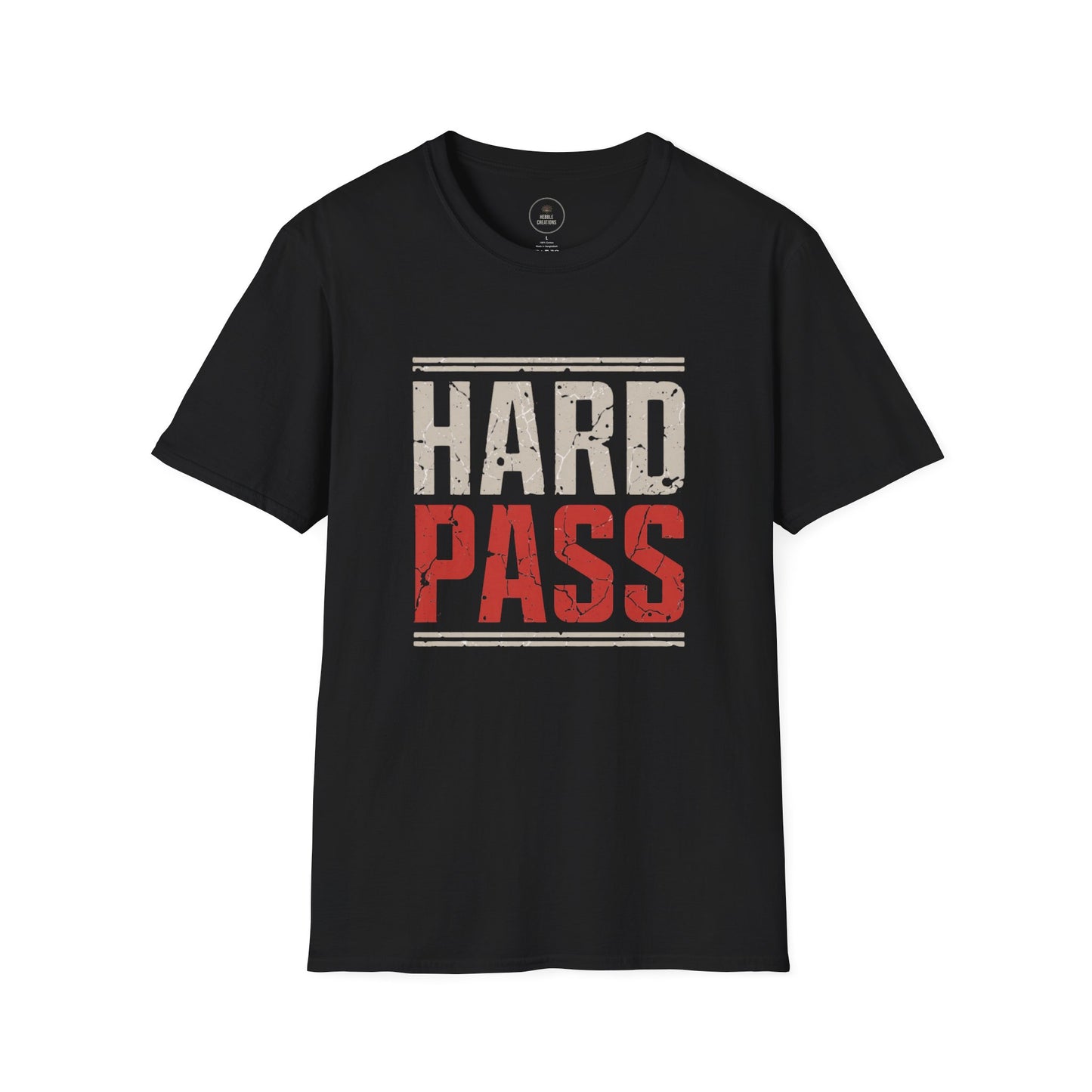 dark brown t-shirt with 'HARD PASS' text on a white background