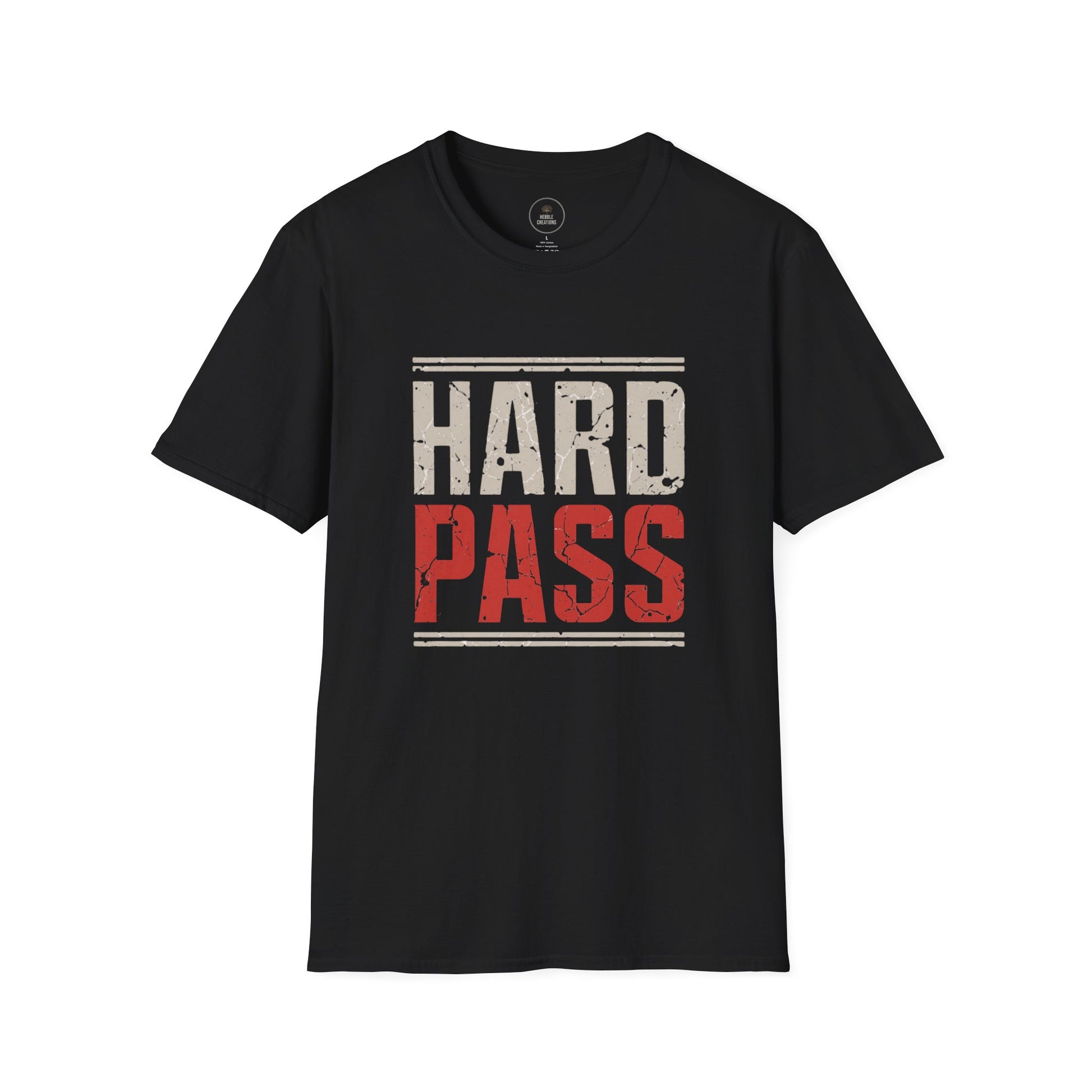 dark brown t-shirt with 'HARD PASS' text on a white background