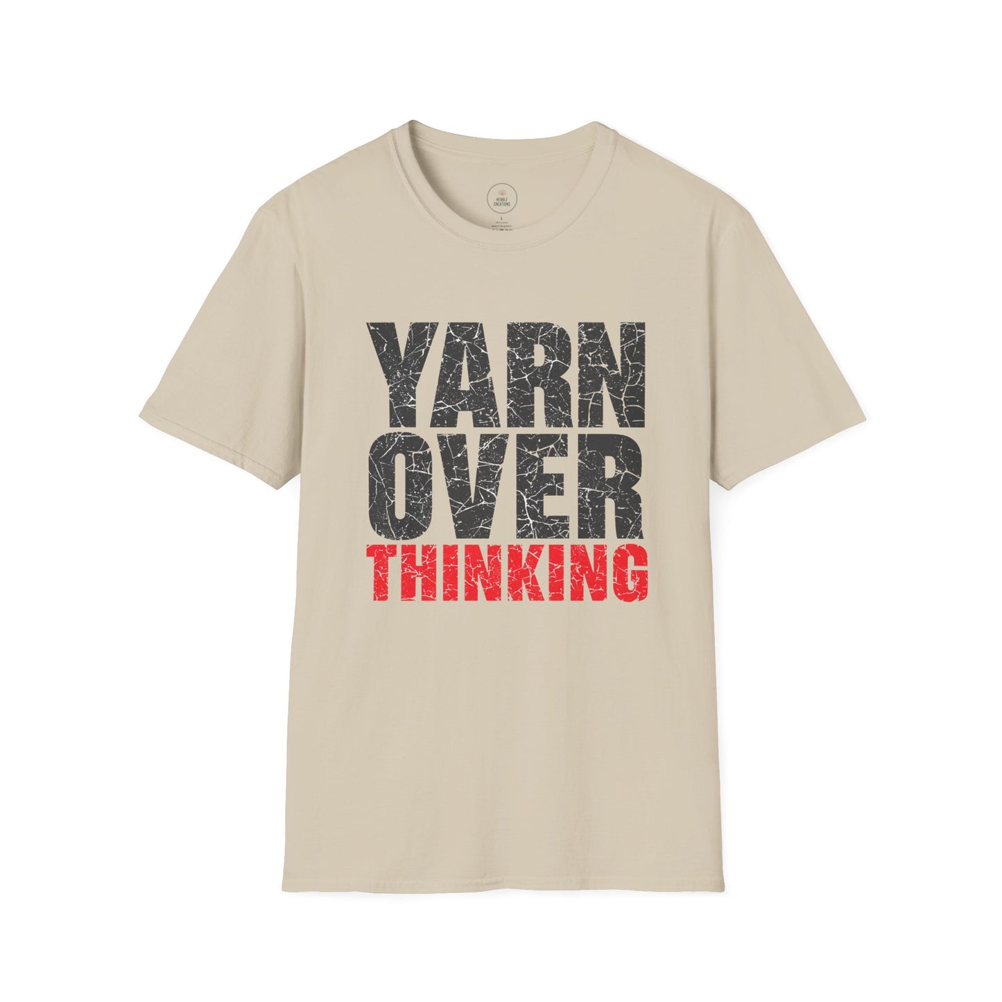 Beige t-shirt with 'YARN OVER THINKING' text in black and red on a white background