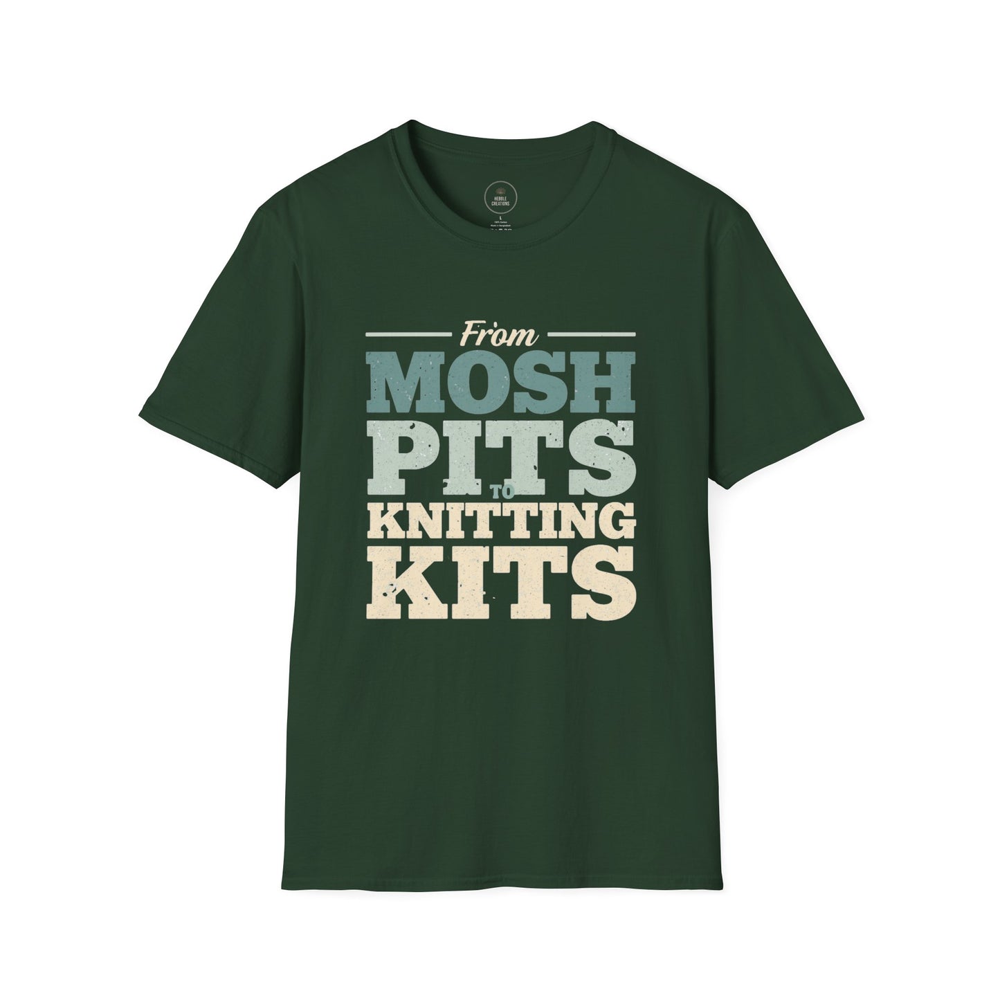 Green t-shirt with text 'From Mosh Pits to Knitting Kits' on a white background