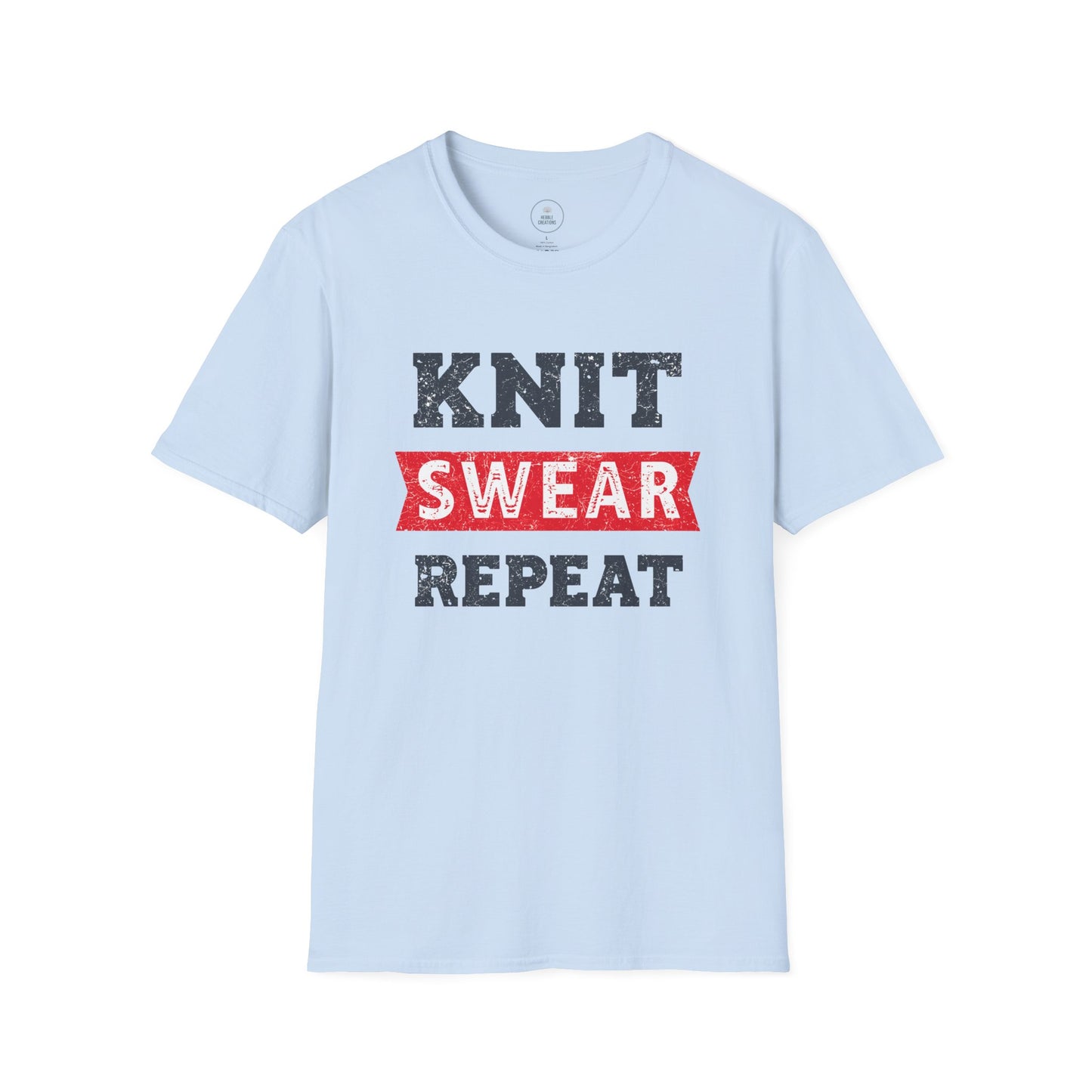 Light blue t-shirt with 'KNIT SWEAR REPEAT' text design on a white background
