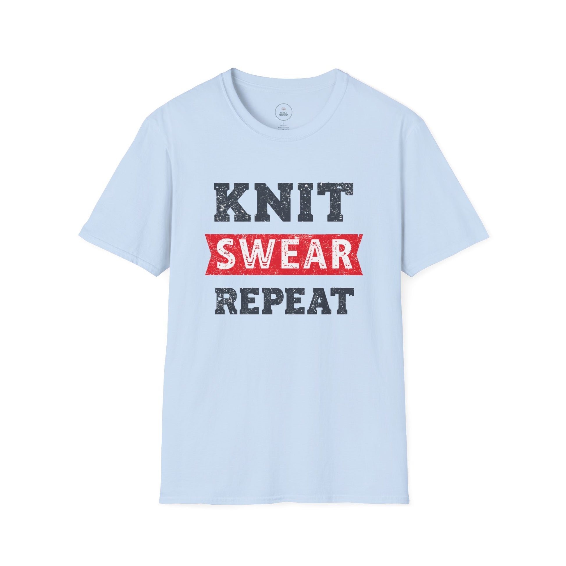 Light blue t-shirt with 'KNIT SWEAR REPEAT' text design on a white background