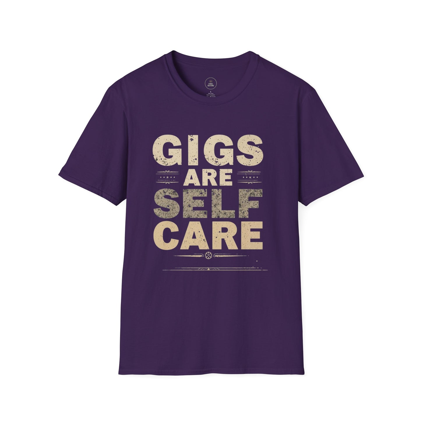 Purple t-shirt with 'Gigs are Self Care' text on a white background