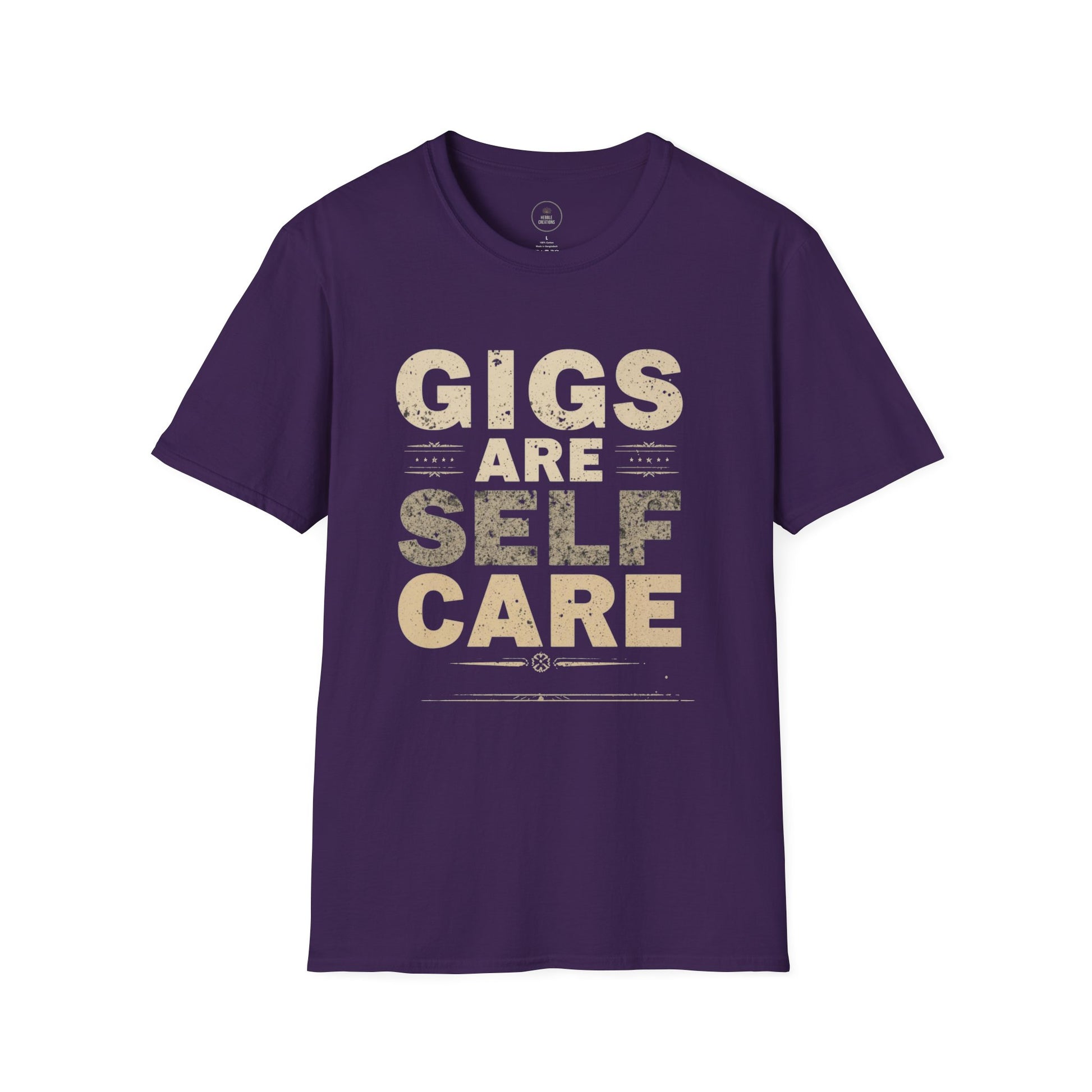 Purple t-shirt with 'Gigs are Self Care' text on a white background