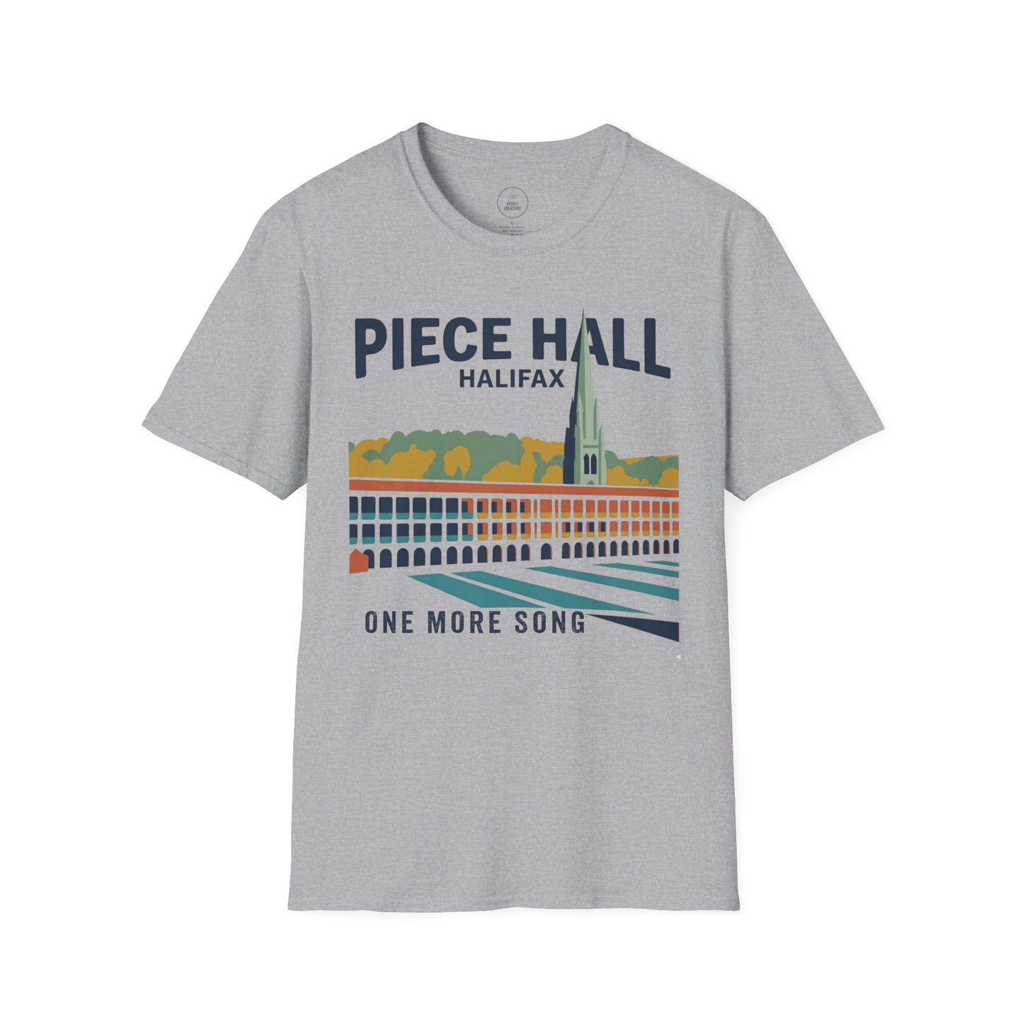 Gray t-shirt with colorful graphic design and text on a white background