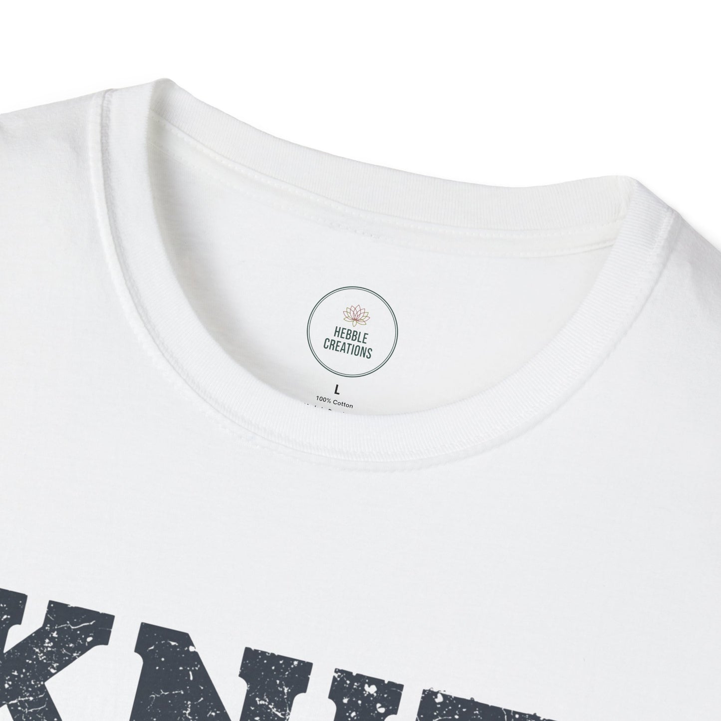 White t-shirt with black text and a visible brand label on a white background